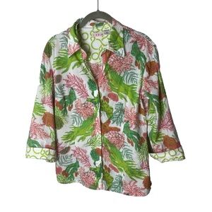 Tizzie Shirt Size Medium Top 3/4 Sleeves Cotton Coral Seaweed Green Pink White